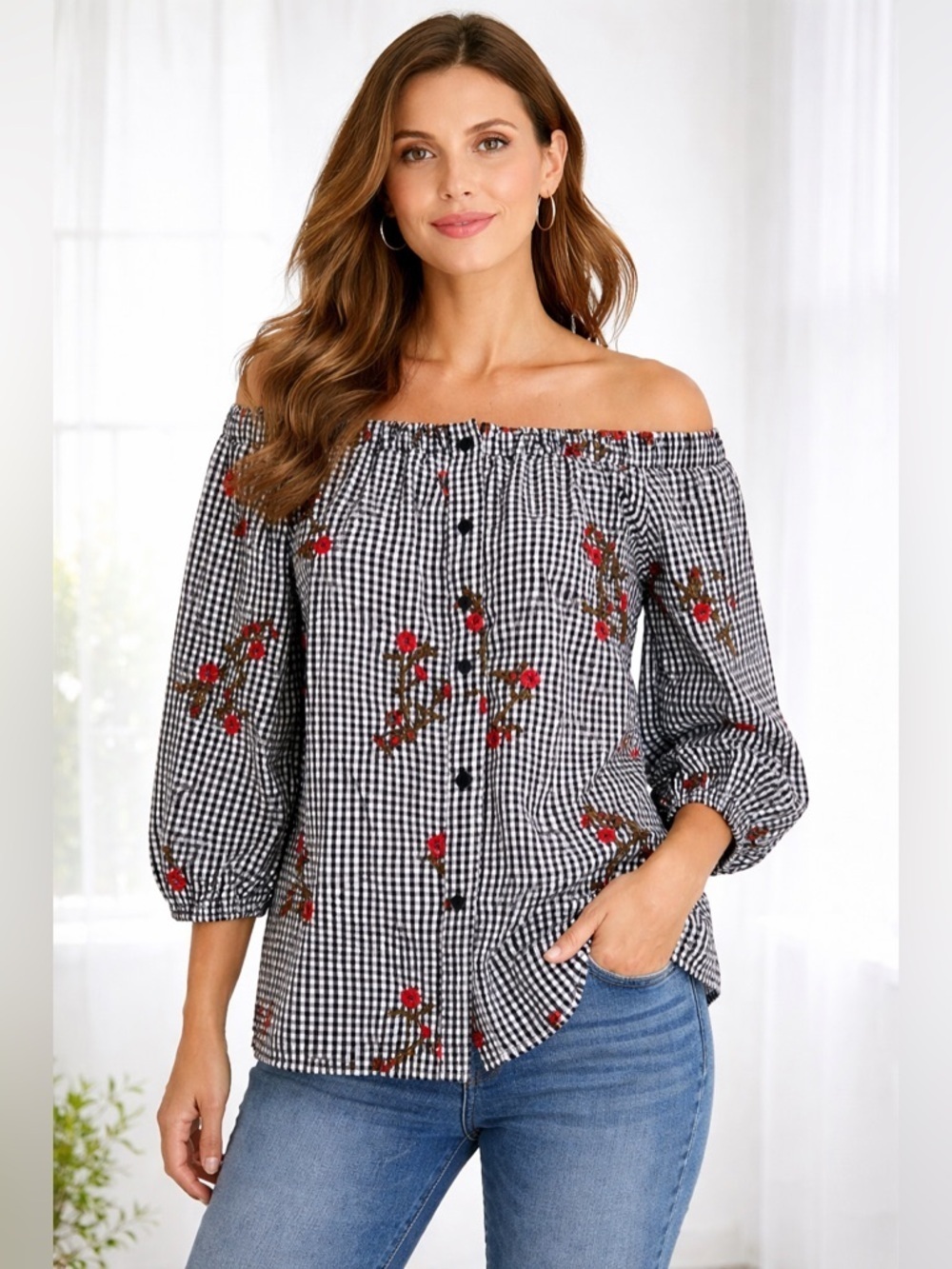 MIRROR IMAGE off the shoulders embroidered boho romantic bohemian top/ size M